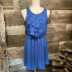 Deep sky blue ruffled front sleeveless dress - M